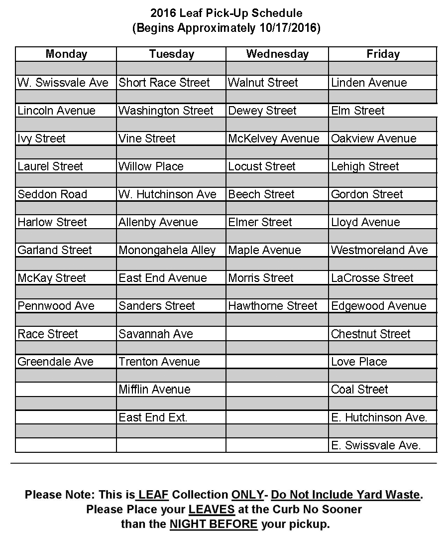 Edgewood Borough Leaf Collection Schedule